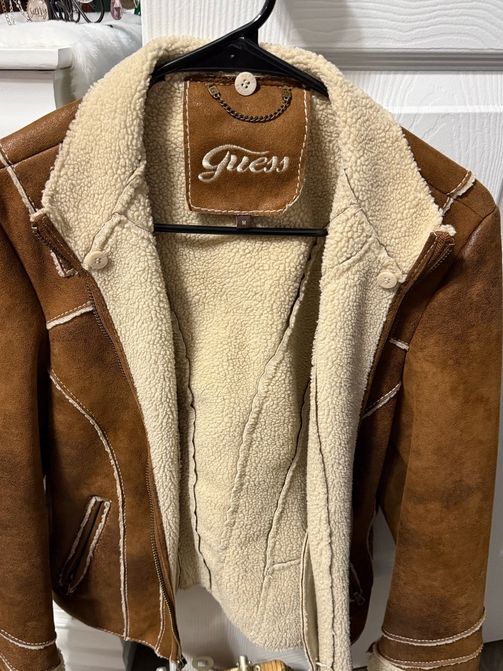 Guess Brown Suede Bomber Jacket with Cream Sherpa Lining